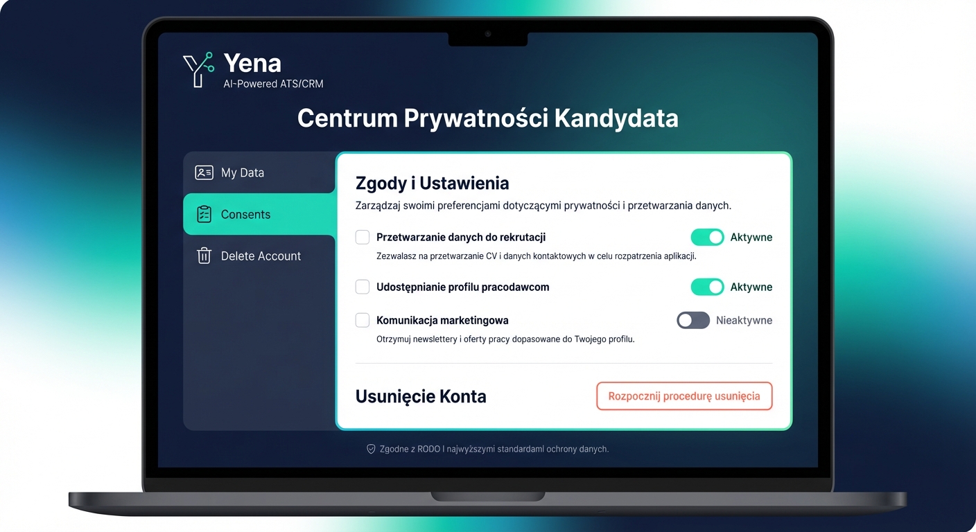Przejrzysty panel Centrum Prywatności Kandydata w Yena zgodny z RODO