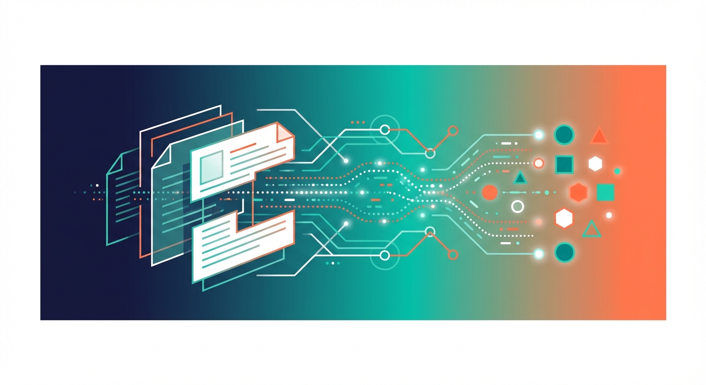 Abstrakte geometrische Darstellung von Dokumenten-Parsing: fließende Datenströme und Dokumentenumrisse in Teal, Orange und Navy