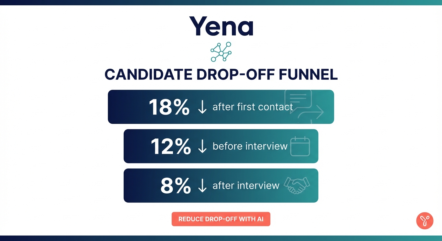 Drop-off-Analyse: 18% nach Erstkontakt, 12% vor Interview, 8% nach Interview — Prozessdiagramm mit Zahlen
