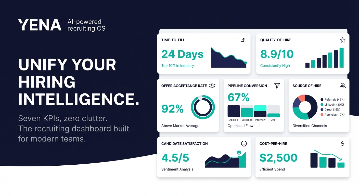 Moderne Dashboard-Visualisierung mit 7 Recruiting-KPIs — Time-to-Fill, Quality-of-Hire, Offer-Acceptance-Rate — in Teal und Navy