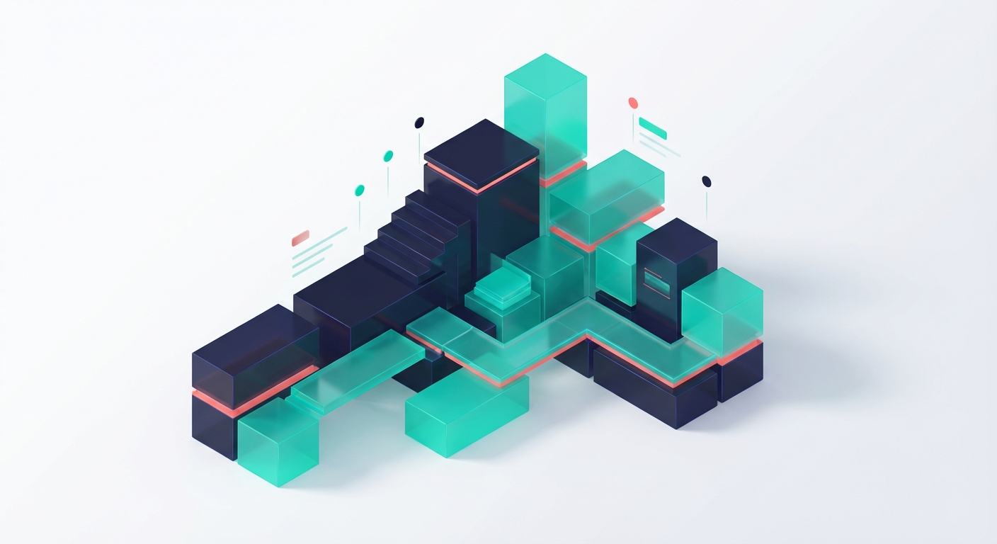 Abstract 3D illustration of modular Lego blocks forming a modern agency structure