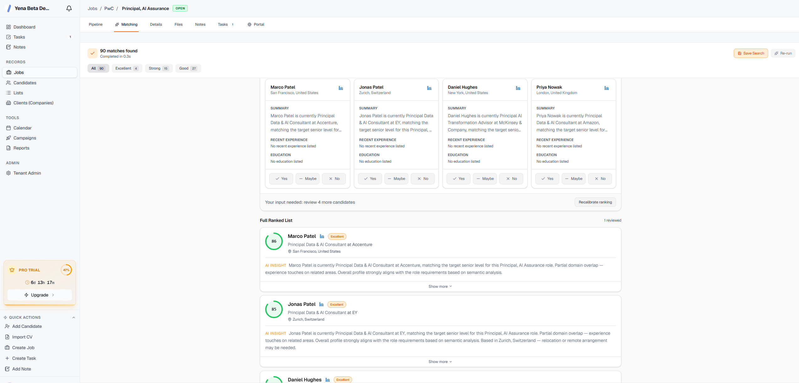 Yena AI matching — candidates ranked by specialism fit for insurance roles