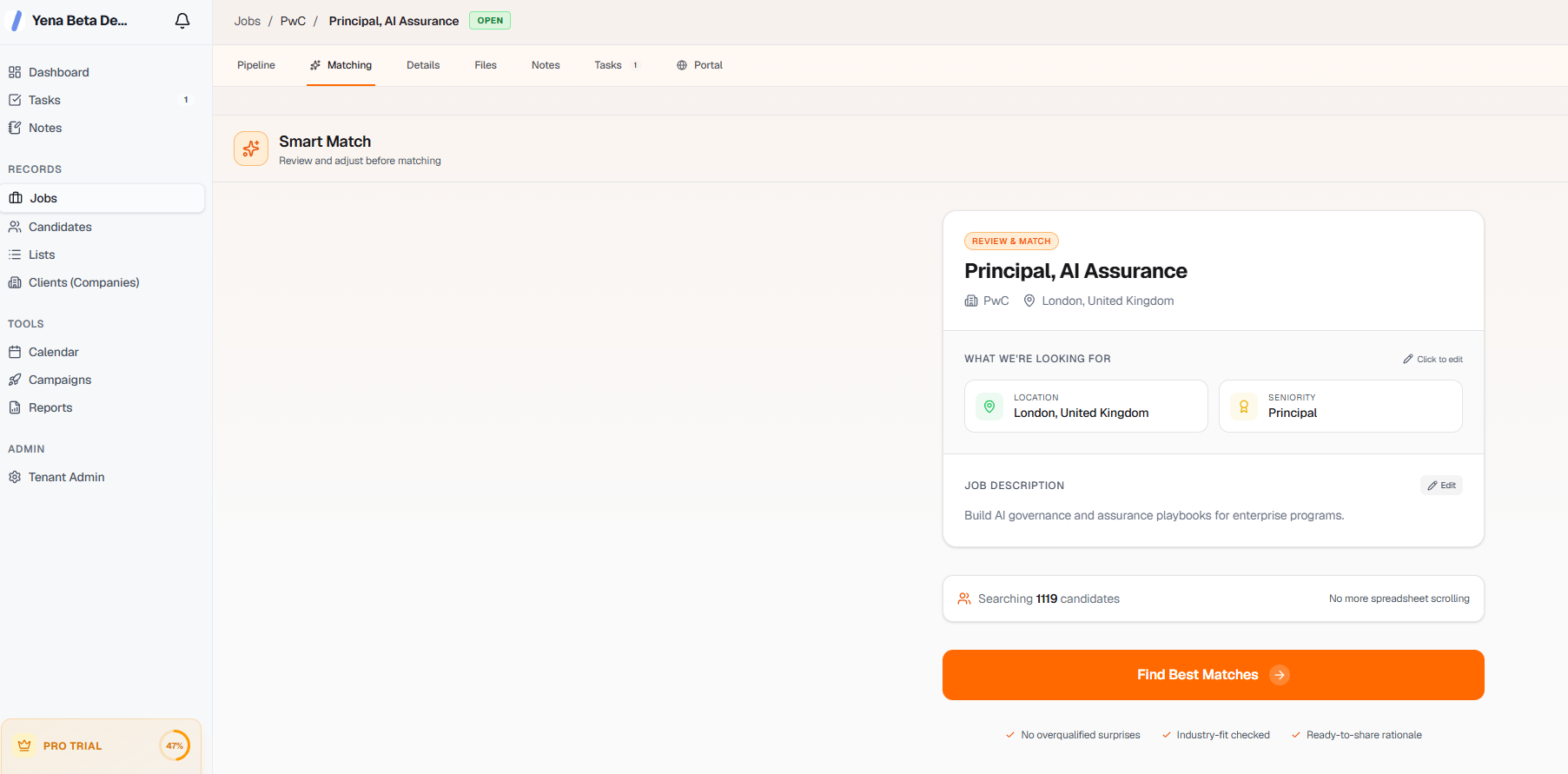 Yena AI semantic search — candidates ranked by meaning, not keyword match